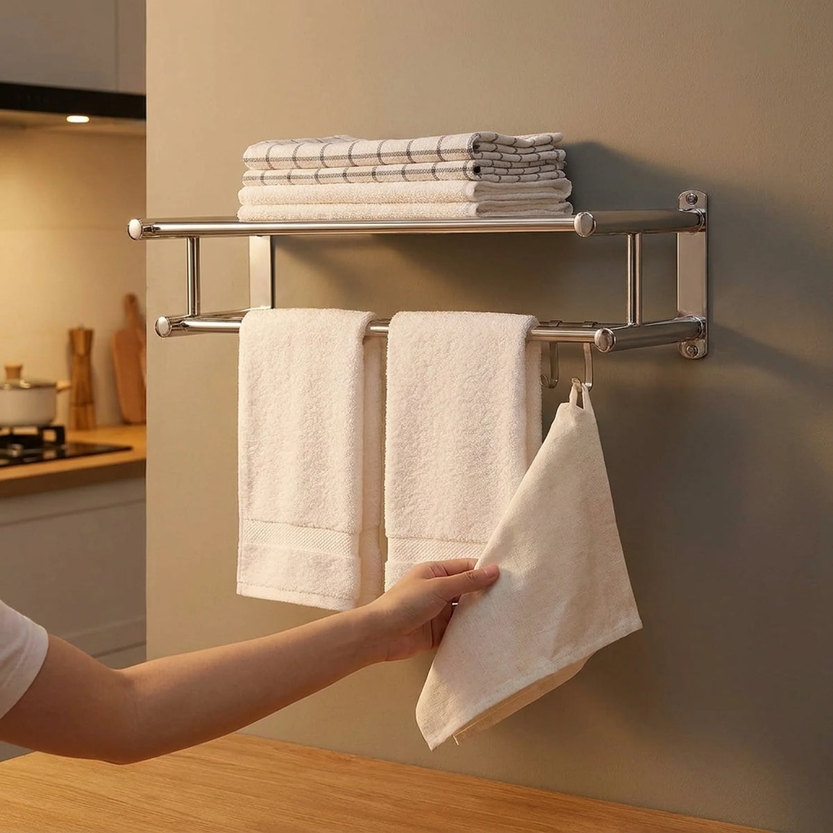 Wall-Mounted Towel Rack | Brushed Stainless Steel | Shelf & Integrated Hooks