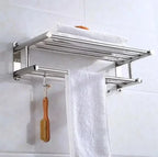 Wall-Mounted Towel Rack | Brushed Stainless Steel | Shelf & Integrated Hooks