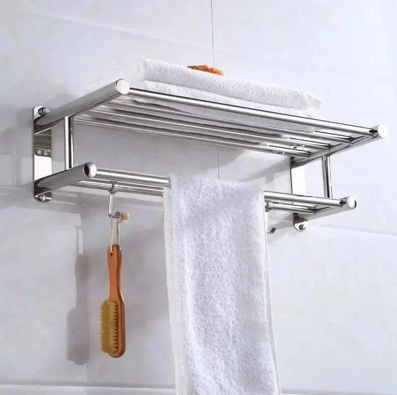 Wall-Mounted Towel Rack | Brushed Stainless Steel | Shelf & Integrated Hooks