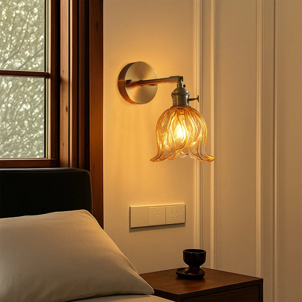 Wall Sconce | Amber Glass Flower Shade & E27 Compatible