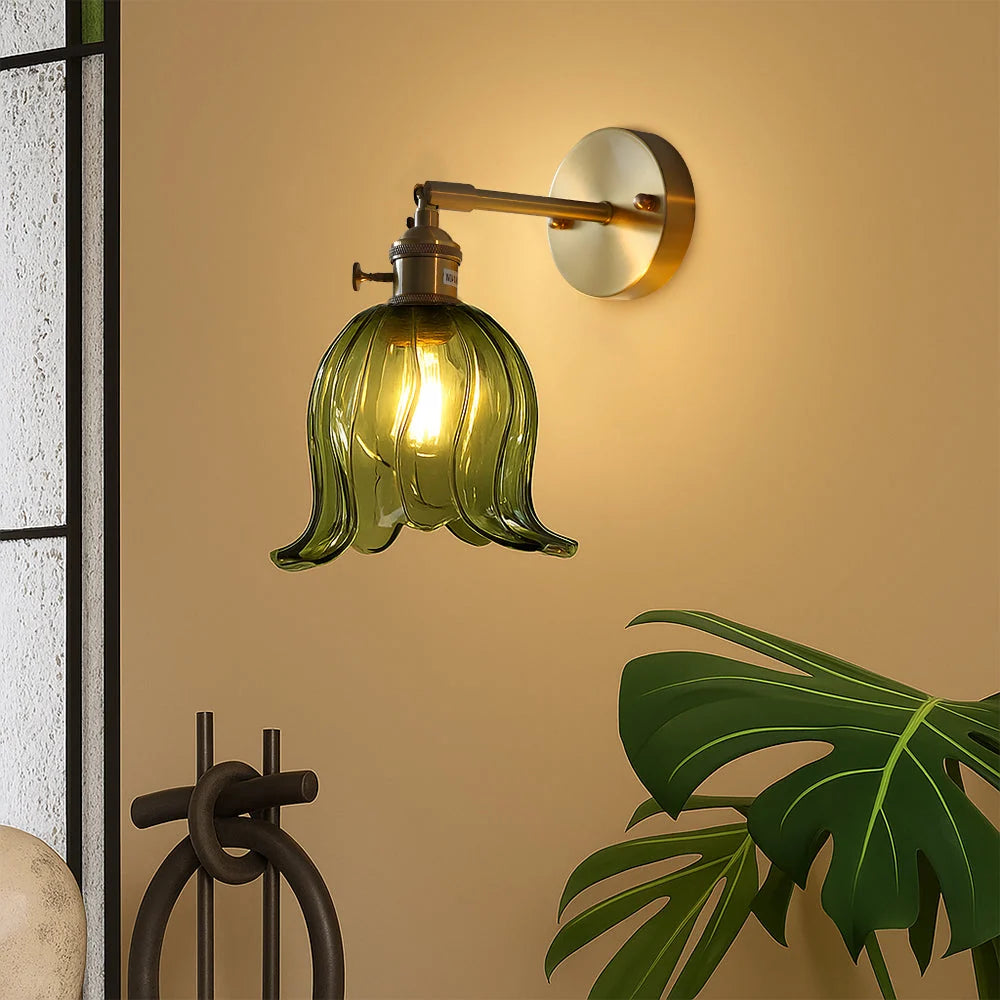 Wall Sconce | Amber Glass Flower Shade & E27 Compatible