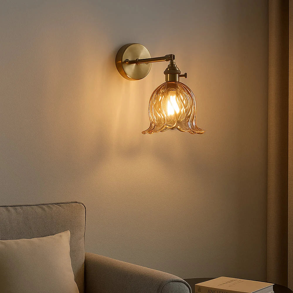 Wall Sconce | Amber Glass Flower Shade & E27 Compatible