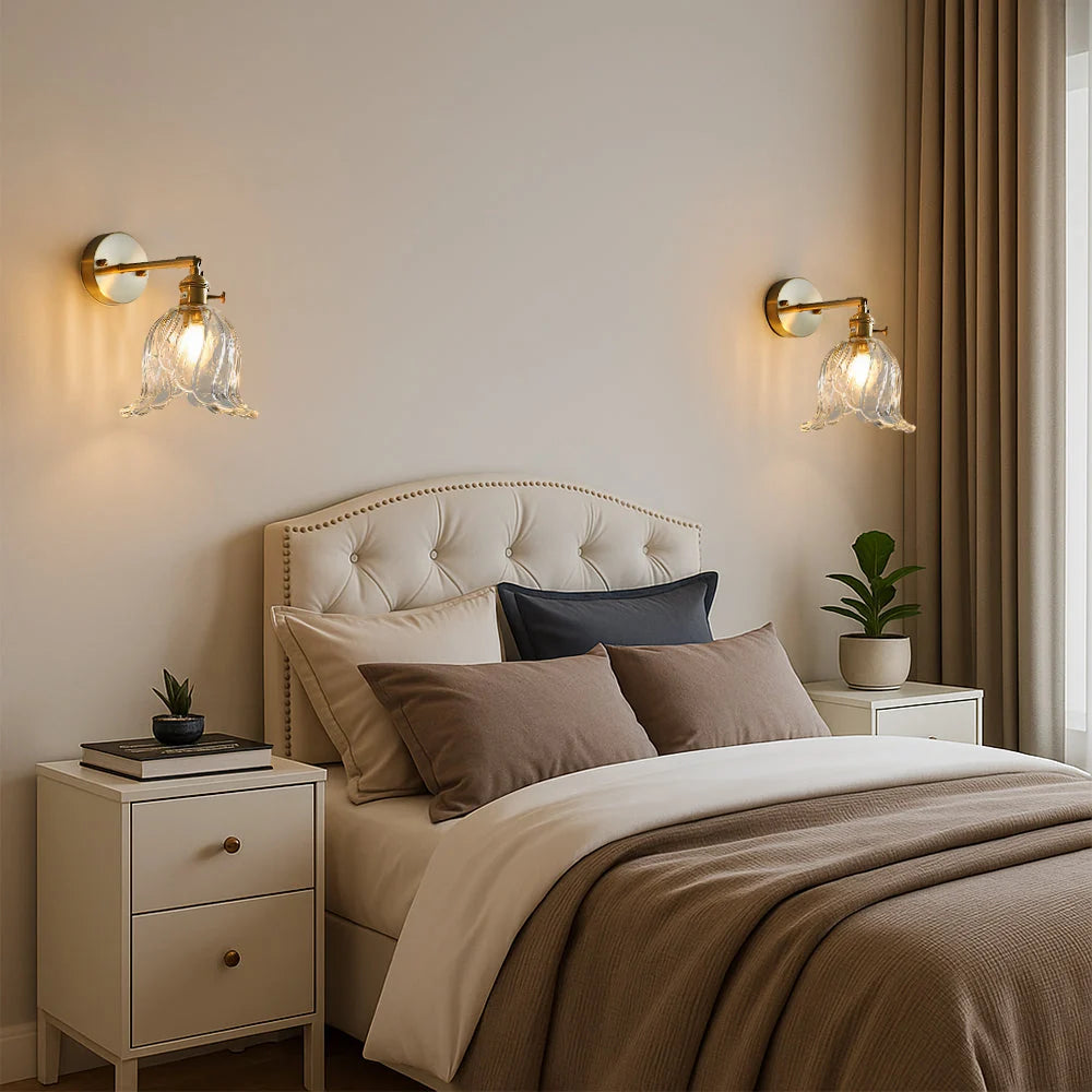 Wall Sconce | Amber Glass Flower Shade & E27 Compatible