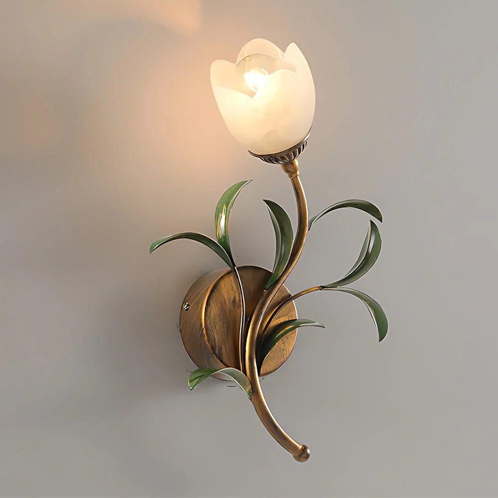 Wall Sconce | Cream Floral Glass Shade & Antique Brass Details