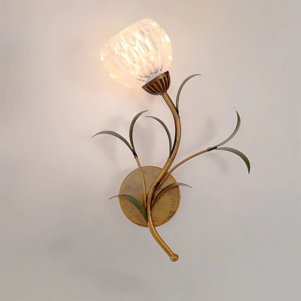 Wall Sconce | Cream Floral Glass Shade & Antique Brass Details
