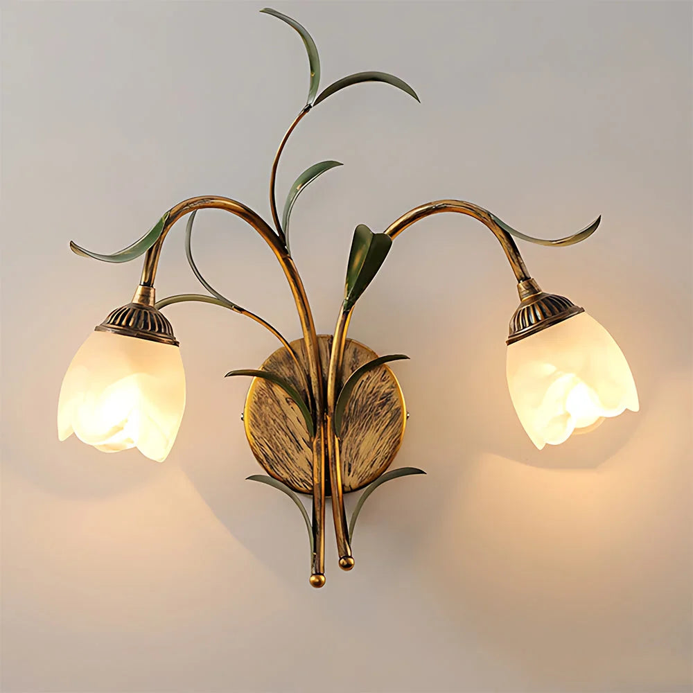 Wall Sconce | Cream Floral Glass Shade & Antique Brass Details
