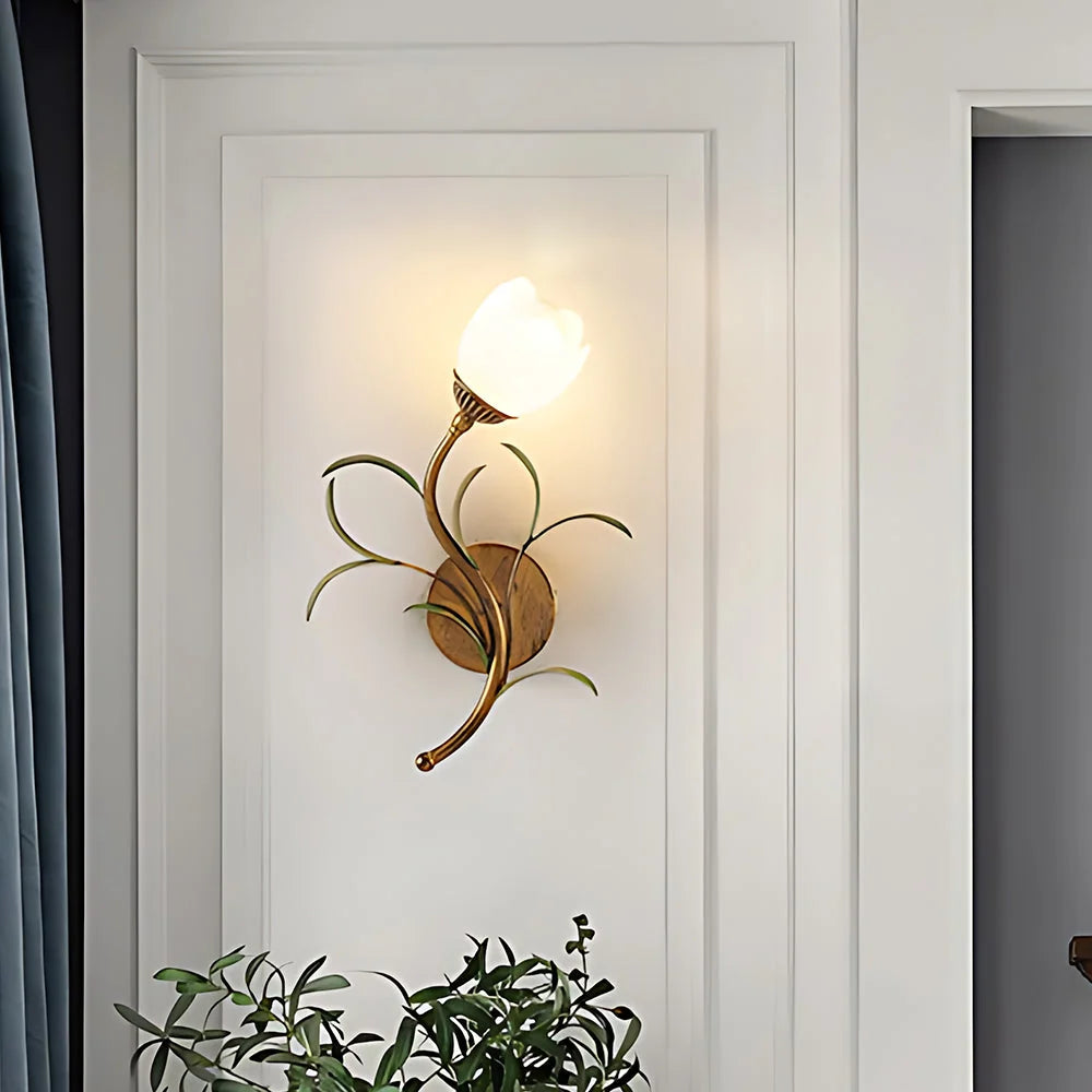 Wall Sconce | Cream Floral Glass Shade & Antique Brass Details