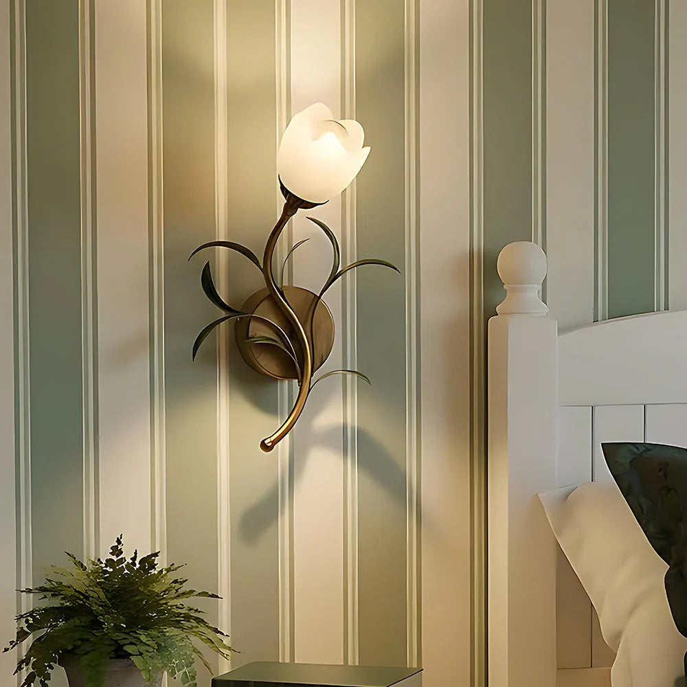 Wall Sconce | Cream Floral Glass Shade & Antique Brass Details