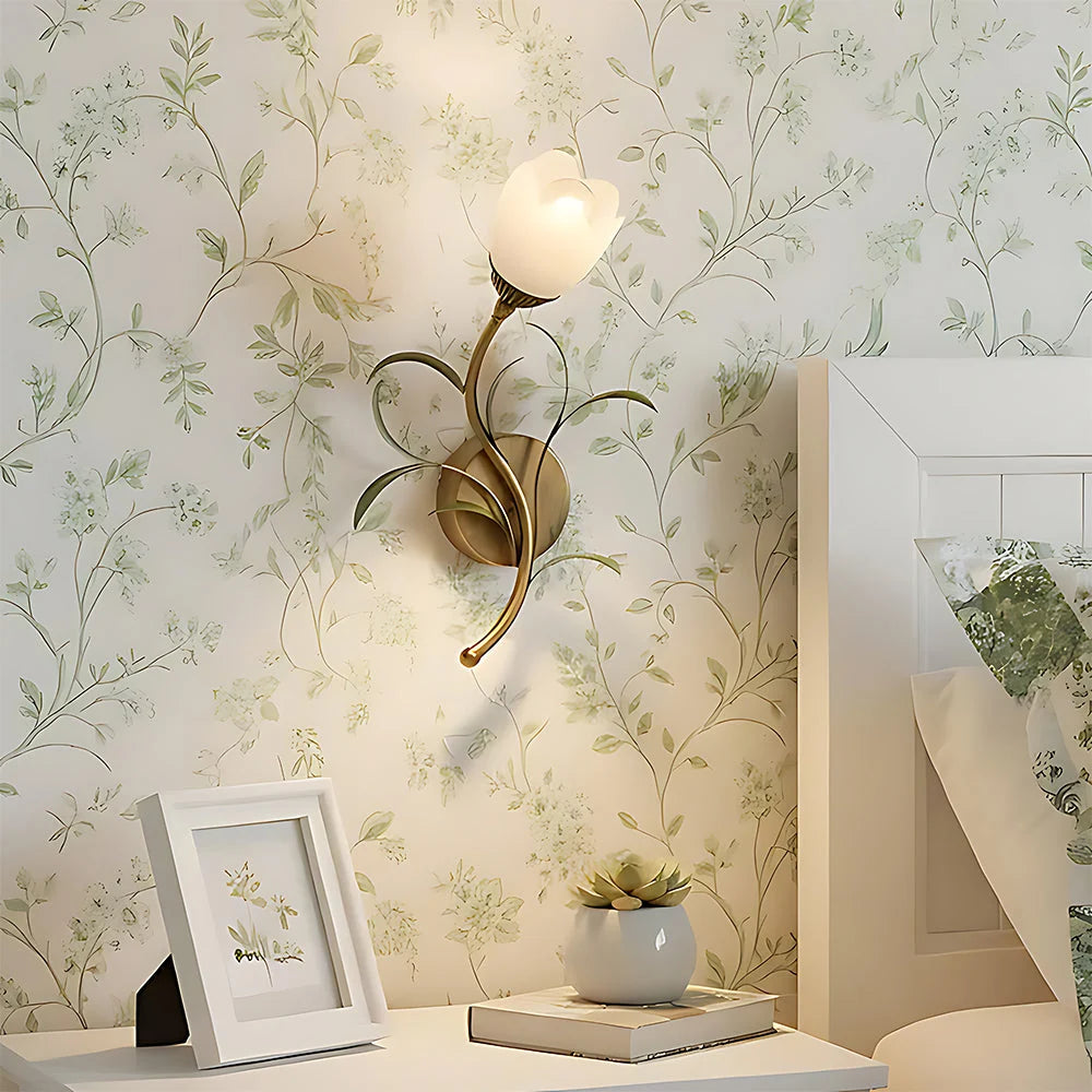 Wall Sconce | Cream Floral Glass Shade & Antique Brass Details