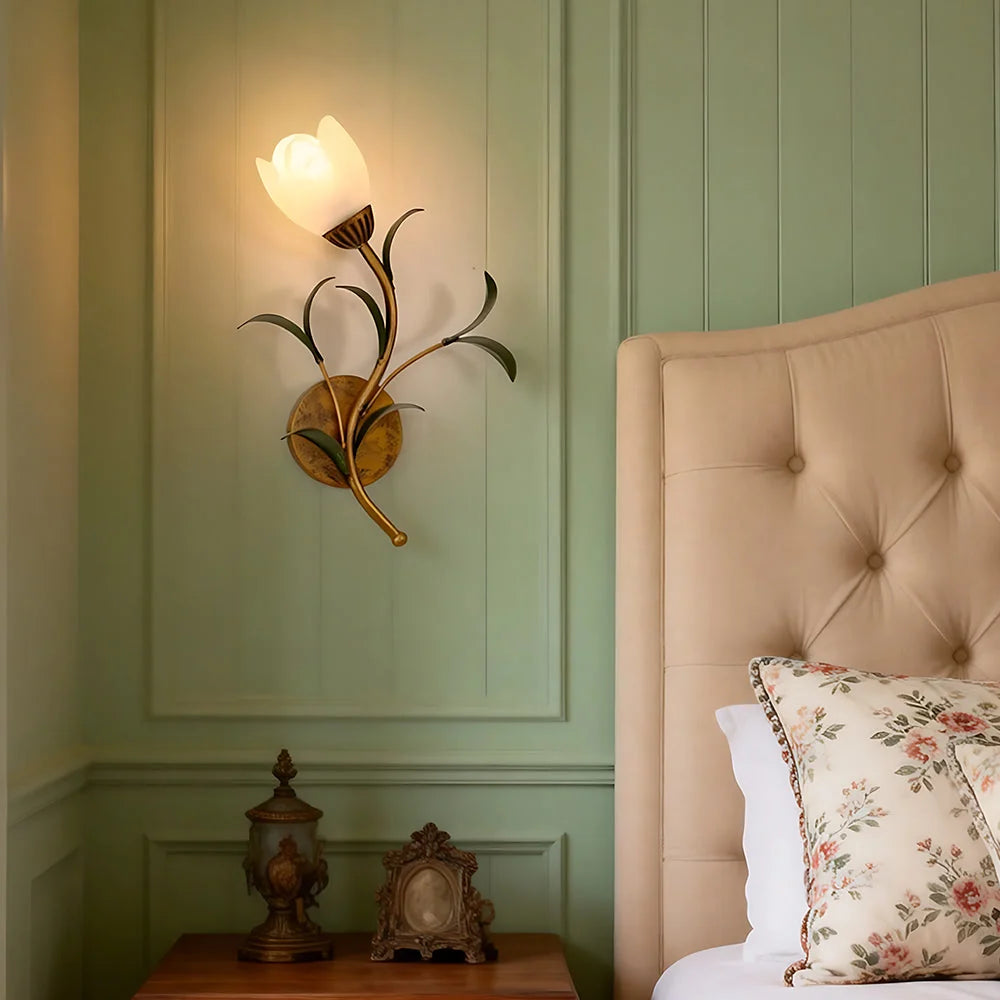 Wall Sconce | Cream Floral Glass Shade & Antique Brass Details