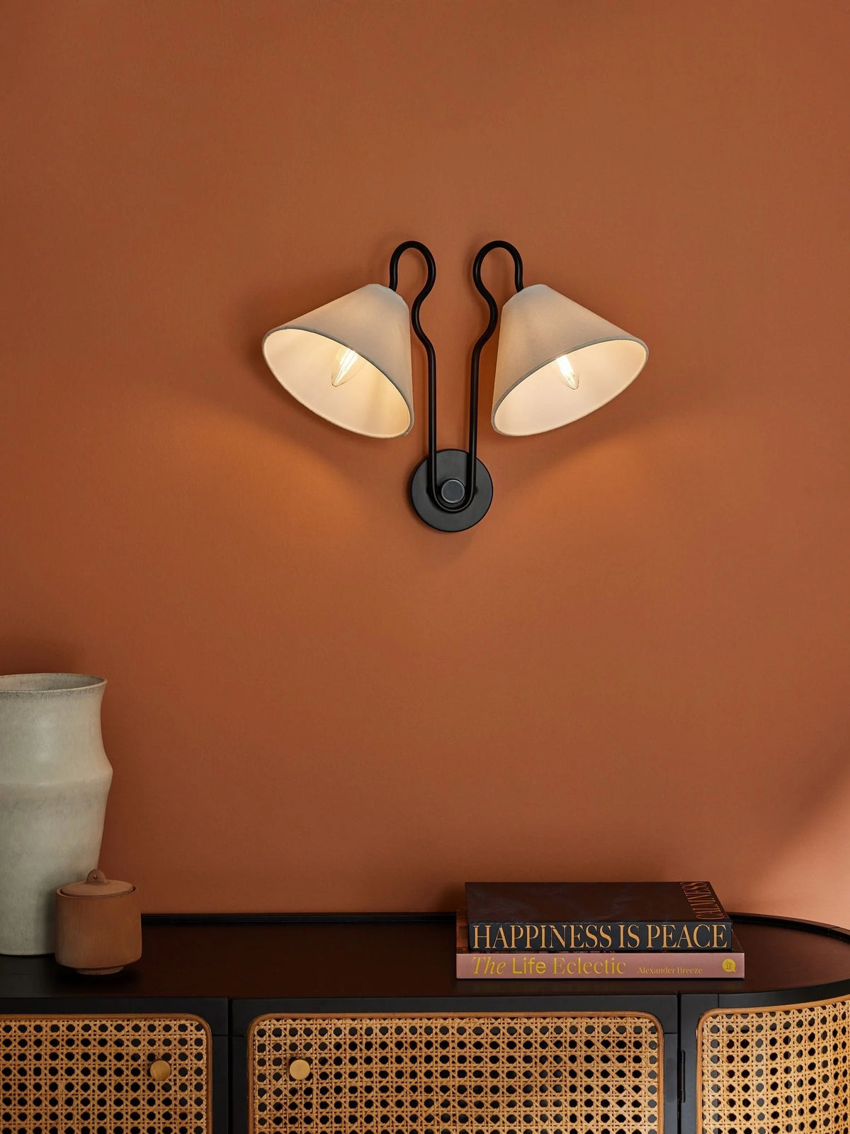 Wall Sconce | Dual-Arm Metal & Fabric Shades | Indoor Use