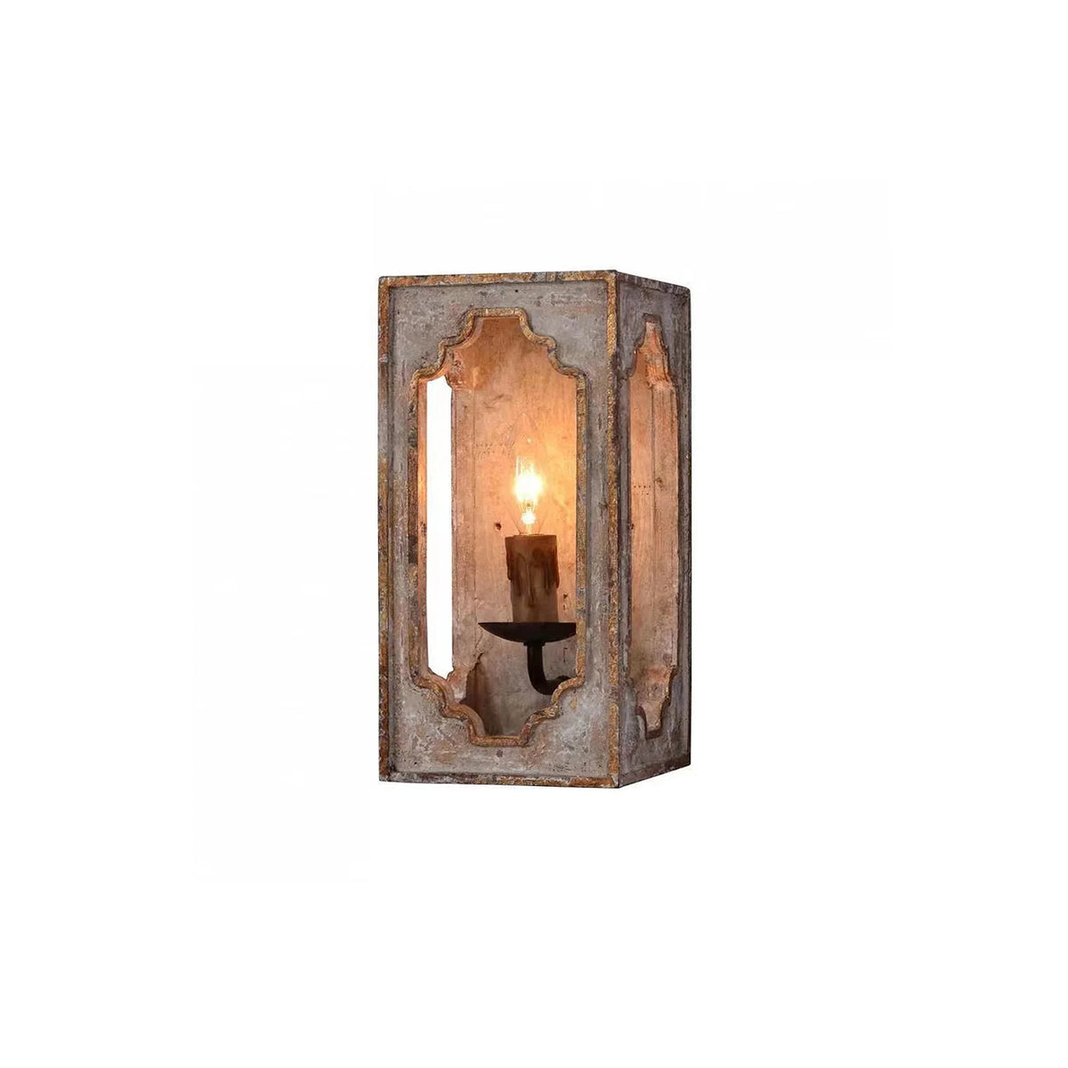Wall Sconce | Rustic Cube Wood & Metal Arm | Antique White Finish
