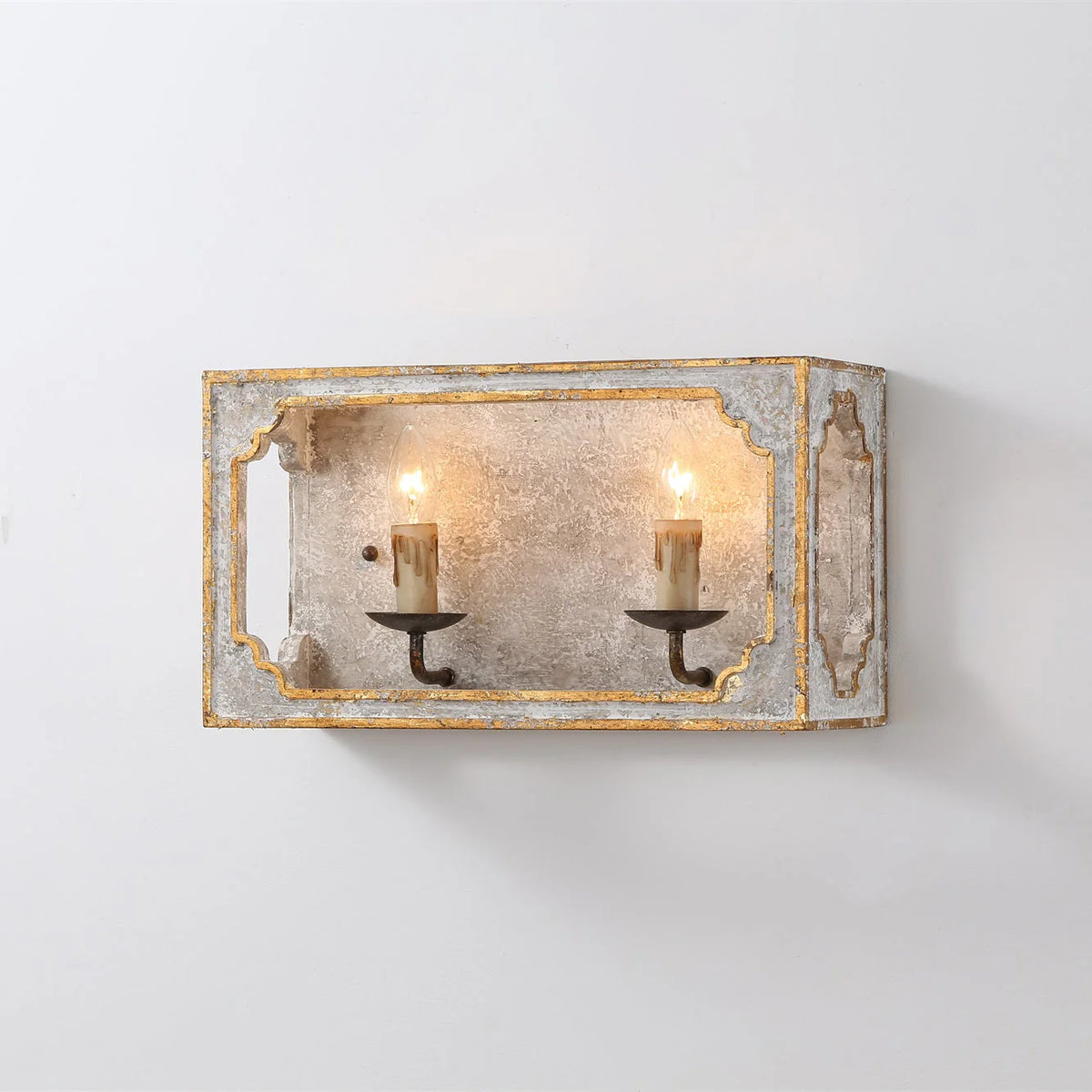 Wall Sconce | Rustic Cube Wood & Metal Arm | Antique White Finish
