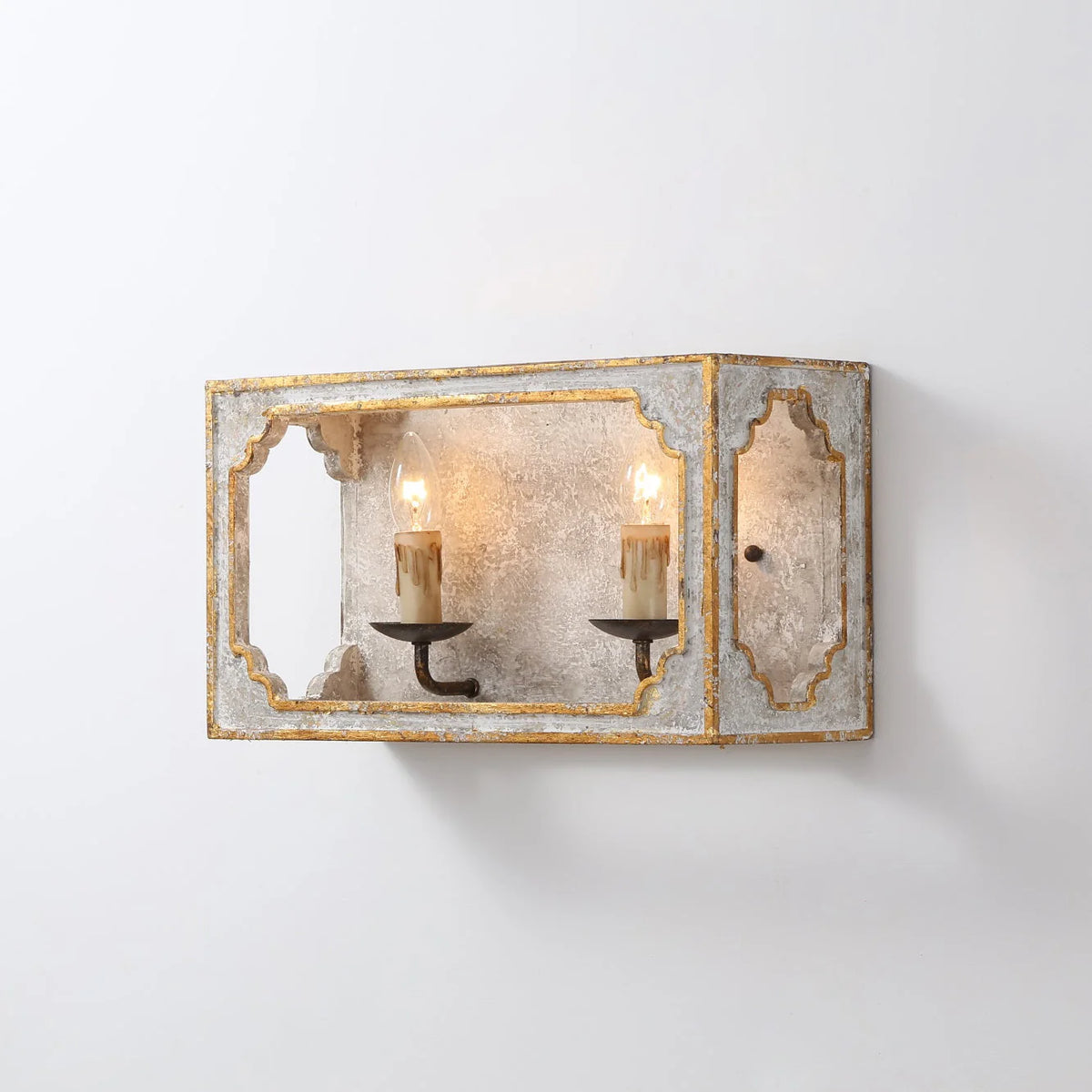 Wall Sconce | Rustic Cube Wood & Metal Arm | Antique White Finish
