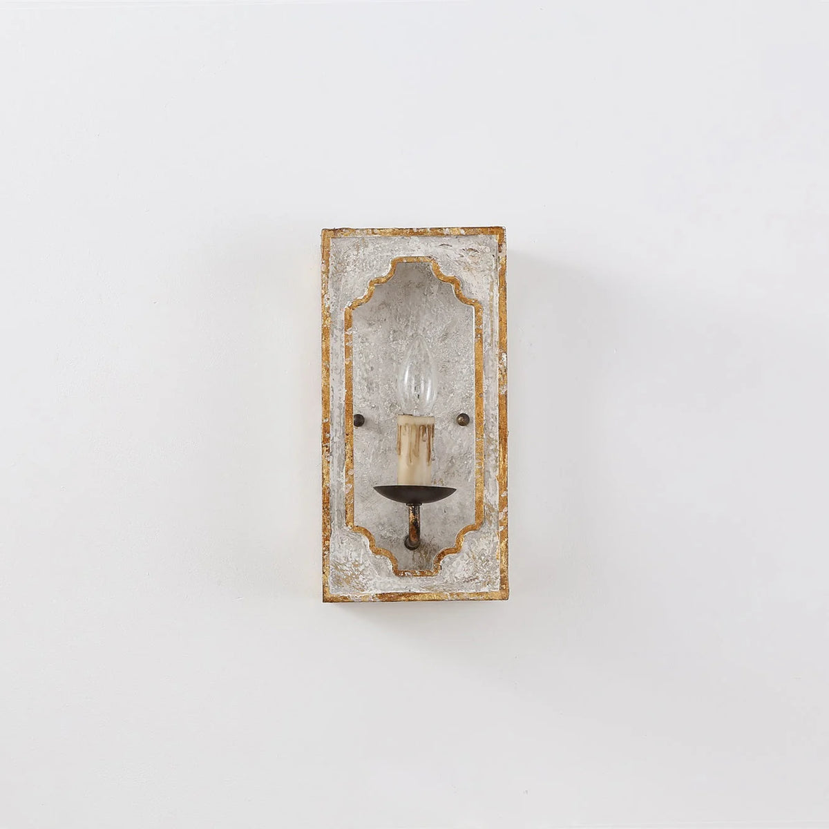 Wall Sconce | Rustic Cube Wood & Metal Arm | Antique White Finish