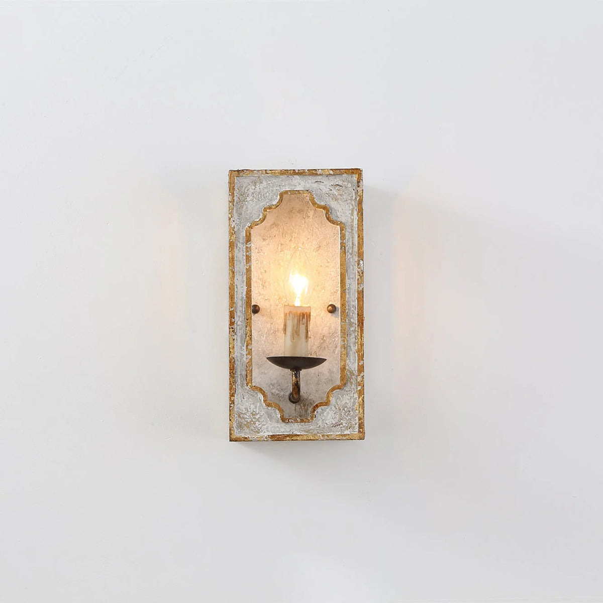 Wall Sconce | Rustic Cube Wood & Metal Arm | Antique White Finish