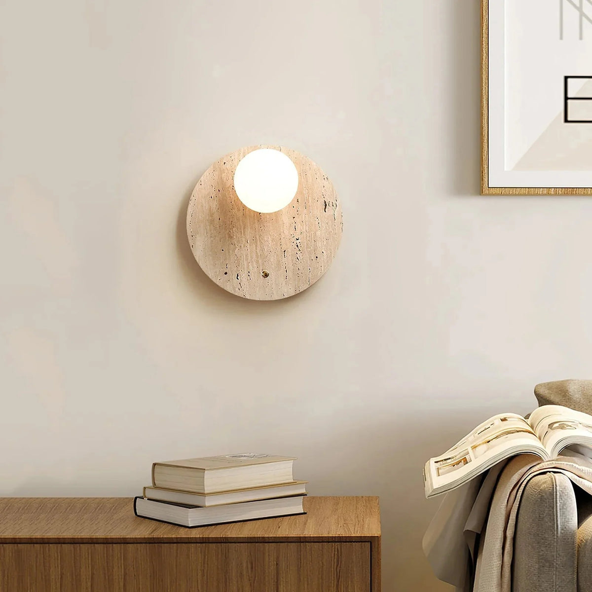 Wall Sconce | Travertine Body & Glass Shade | D 30 x H 30 cm