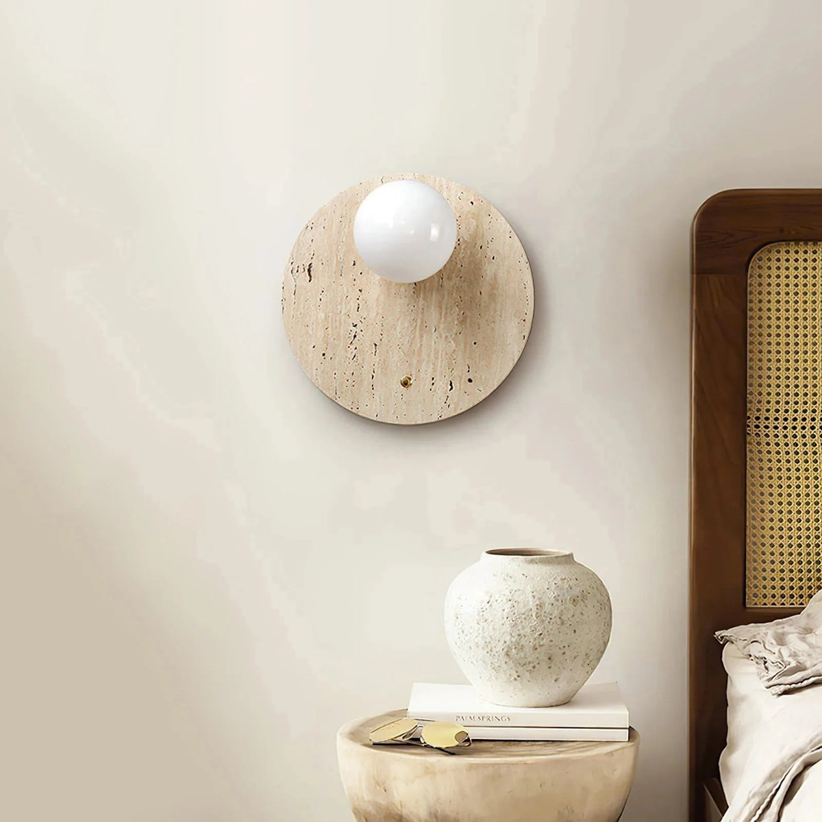 Wall Sconce | Travertine Body & Glass Shade | D 30 x H 30 cm