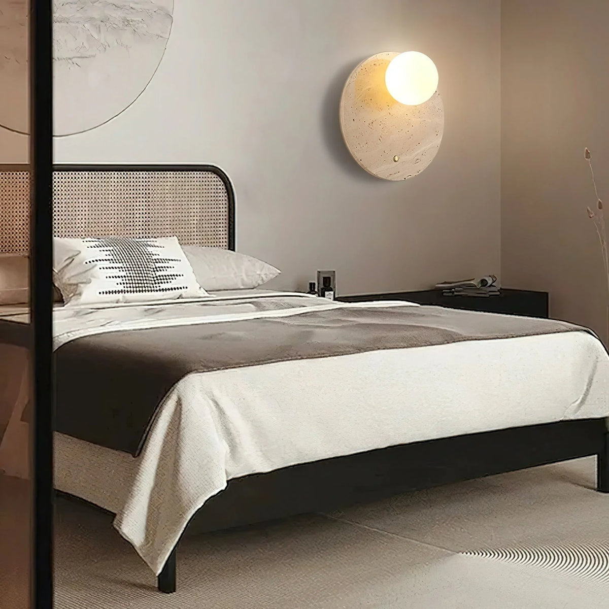 Wall Sconce | Travertine Body & Glass Shade | D 30 x H 30 cm