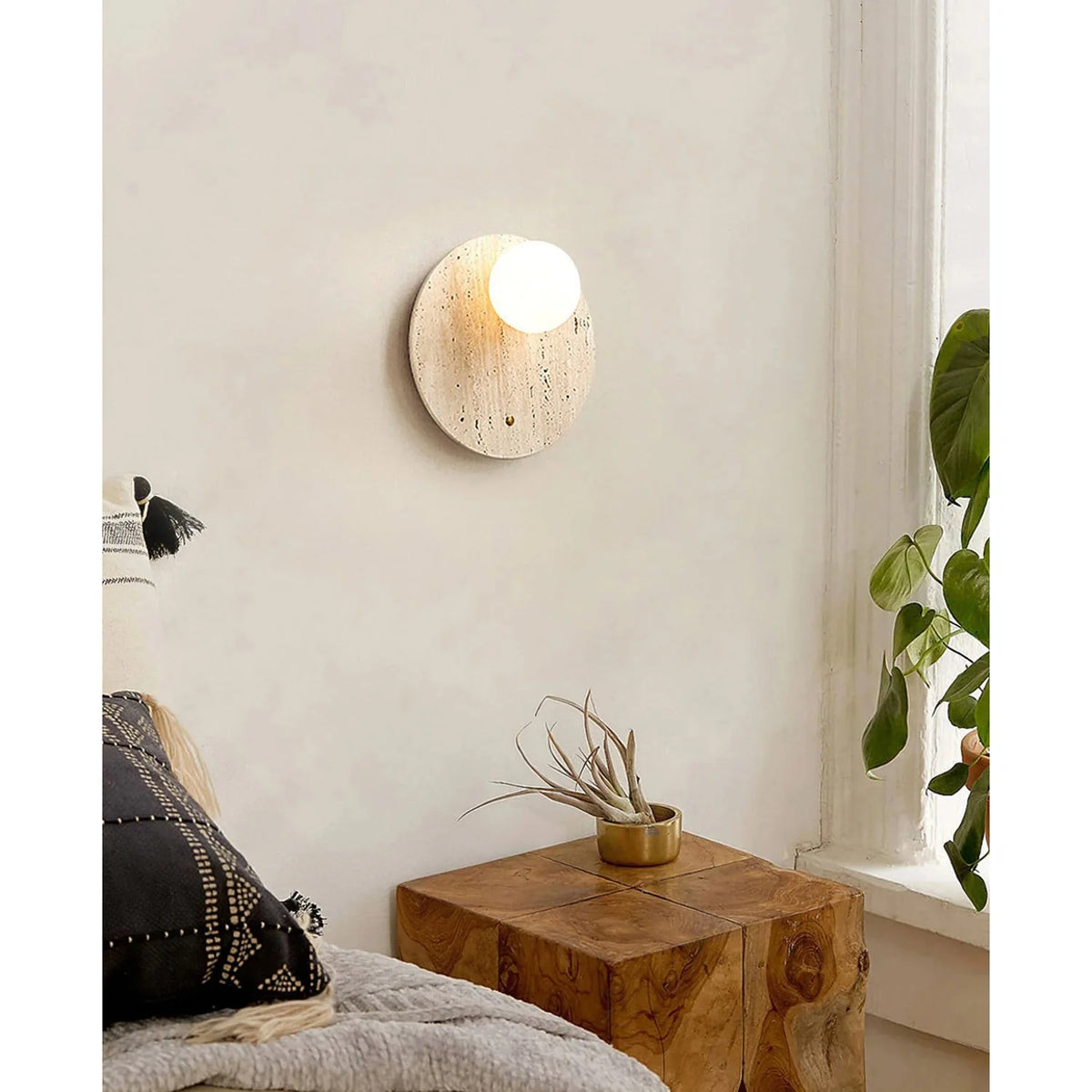 Wall Sconce | Travertine Body & Glass Shade | D 30 x H 30 cm