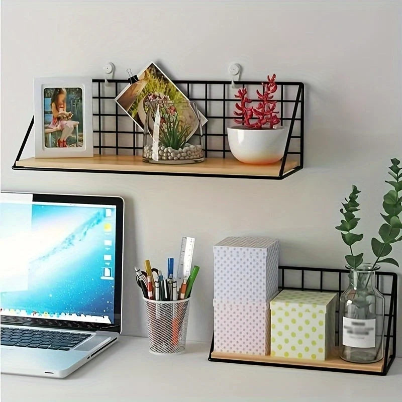 Wall Shelf | Metal Grid Back & Wood-Tone Base | No-Drill Mounting