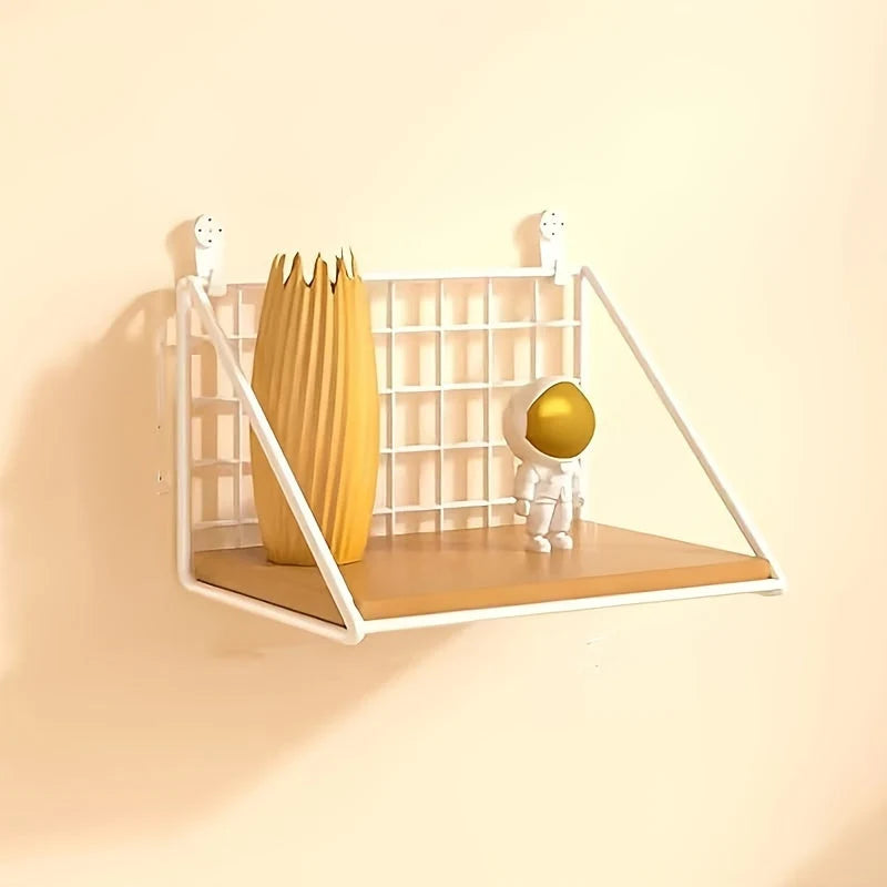 Wall Shelf | Metal Grid Back & Wood-Tone Base | No-Drill Mounting