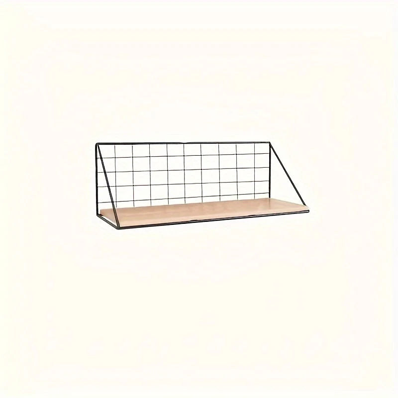 Wall Shelf | Metal Grid Back & Wood-Tone Base | No-Drill Mounting