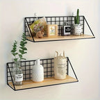 Wall Shelf | Metal Grid Back & Wood-Tone Base | No-Drill Mounting