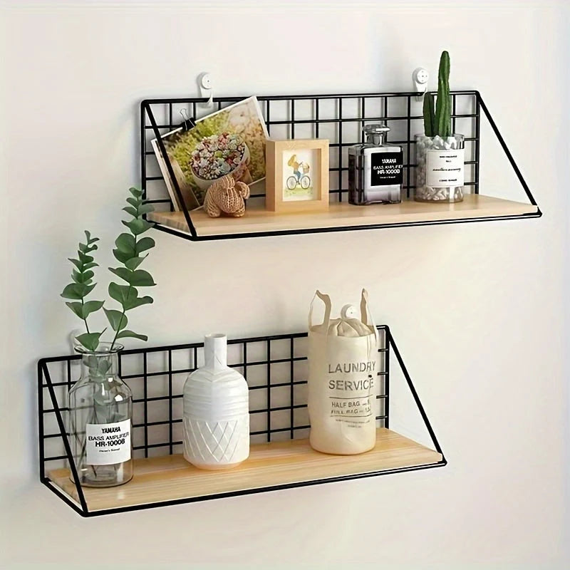 Wall Shelf | Metal Grid Back & Wood-Tone Base | No-Drill Mounting