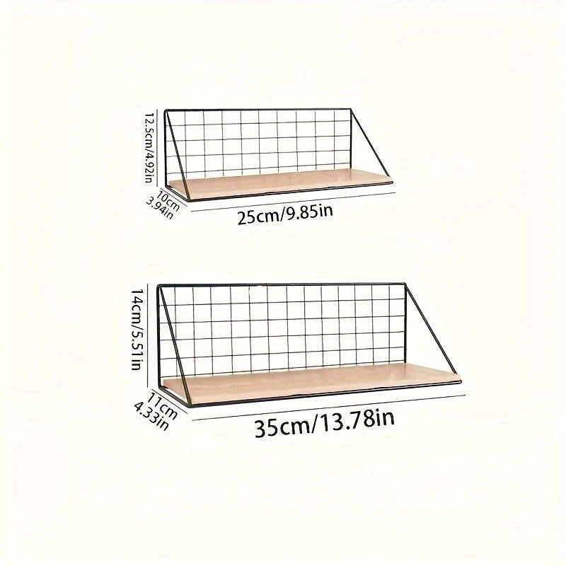 Wall Shelf | Metal Grid Back & Wood-Tone Base | No-Drill Mounting