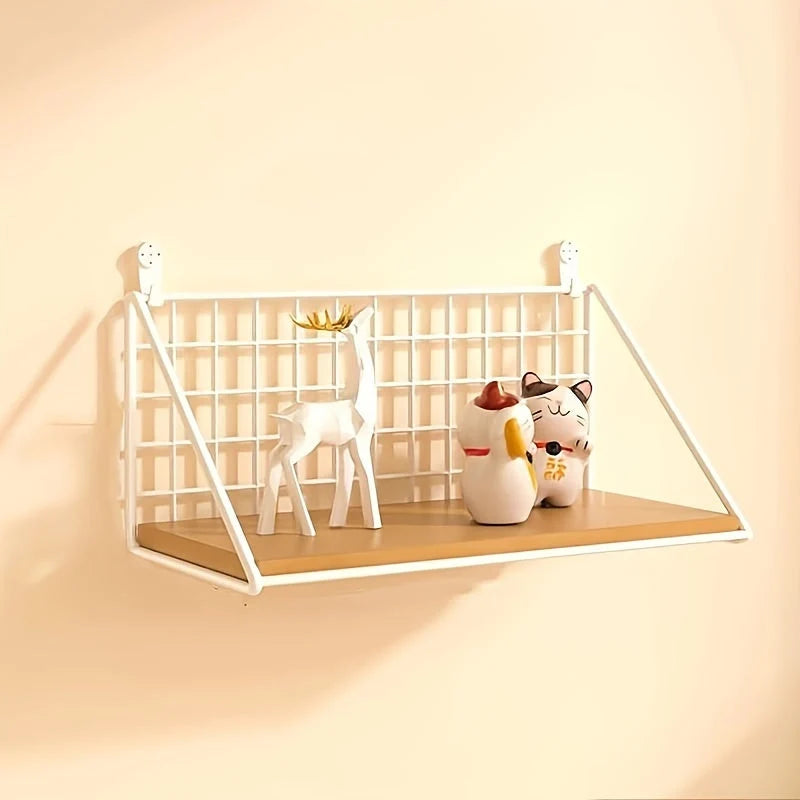 Wall Shelf | Metal Grid Back & Wood-Tone Base | No-Drill Mounting