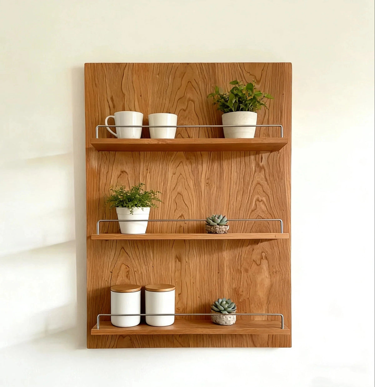 Wall Storage Shelf | Cherry Wood & Metal Frame | Three-Tier
