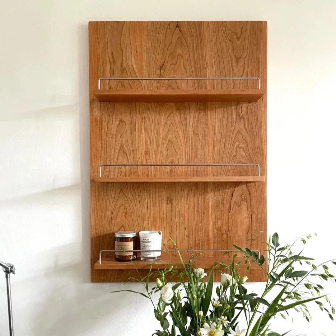 Wall Storage Shelf | Cherry Wood & Metal Frame | Three-Tier