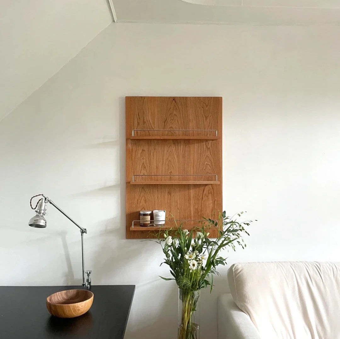 Wall Storage Shelf | Cherry Wood & Metal Frame | Three-Tier