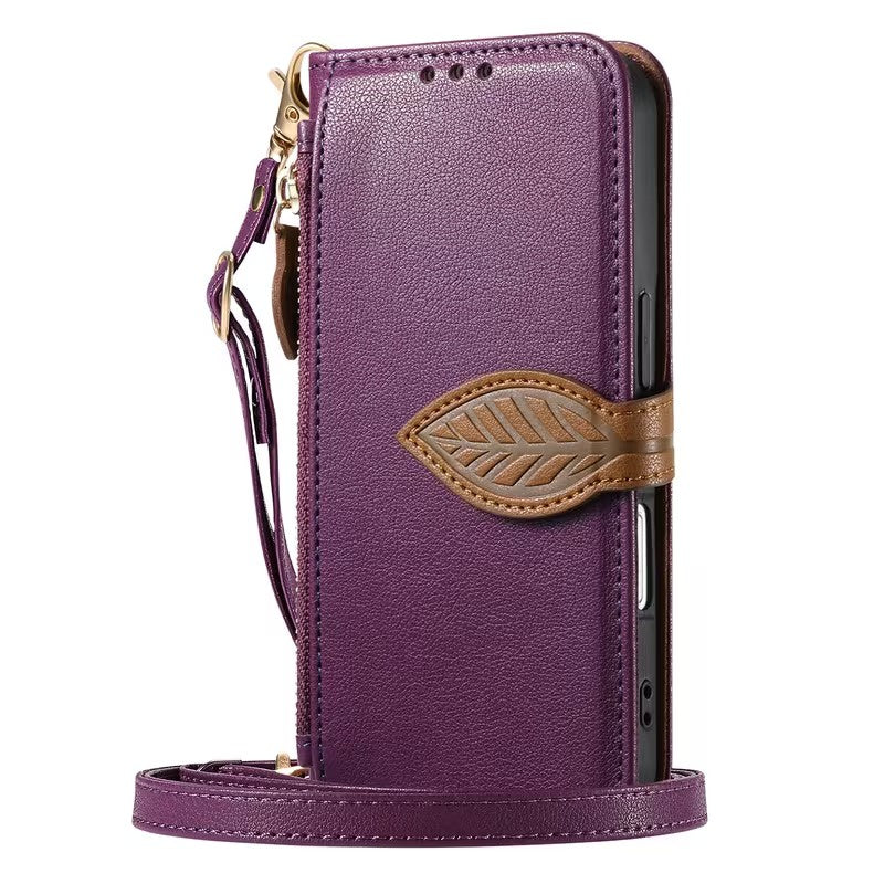 Wallet-Style Phone Case with Leaf Clasp and Zipper Pocket