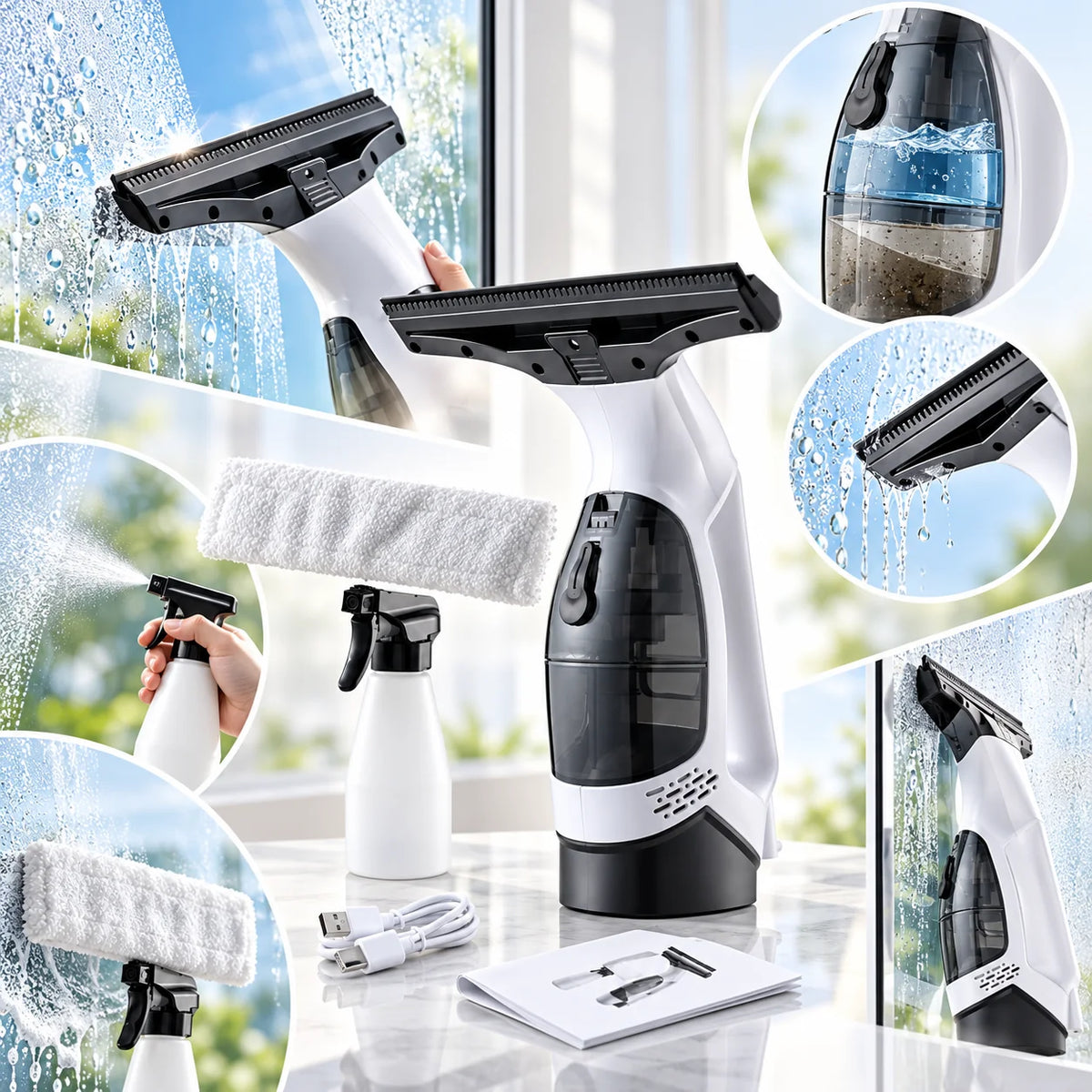 Window Vacuum | Cordless Double-Tank & Microfiber Pad | 30-Min Runtime