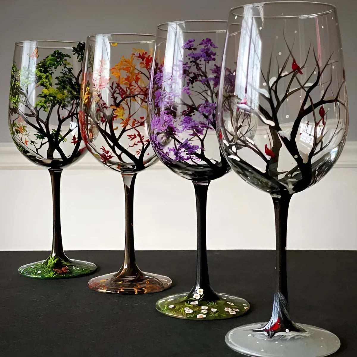 Wine Glass | Hand-Painted Four Seasons Tree & Dishwasher-Safe | 12 oz