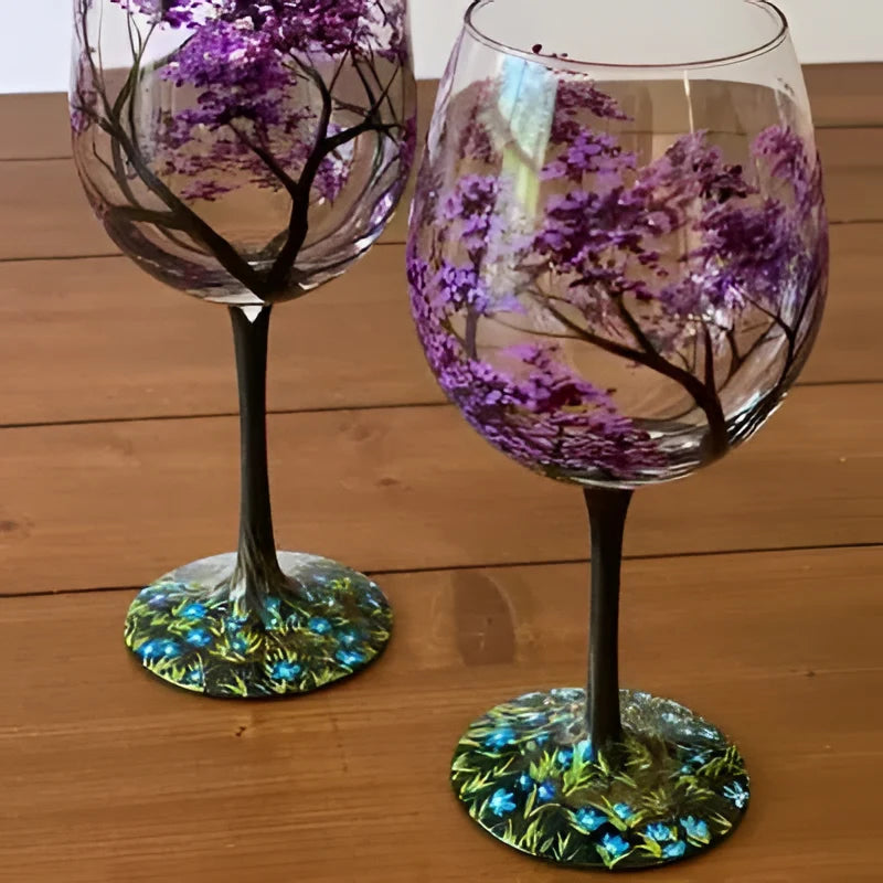 Wine Glass | Hand-Painted Four Seasons Tree & Dishwasher-Safe | 12 oz