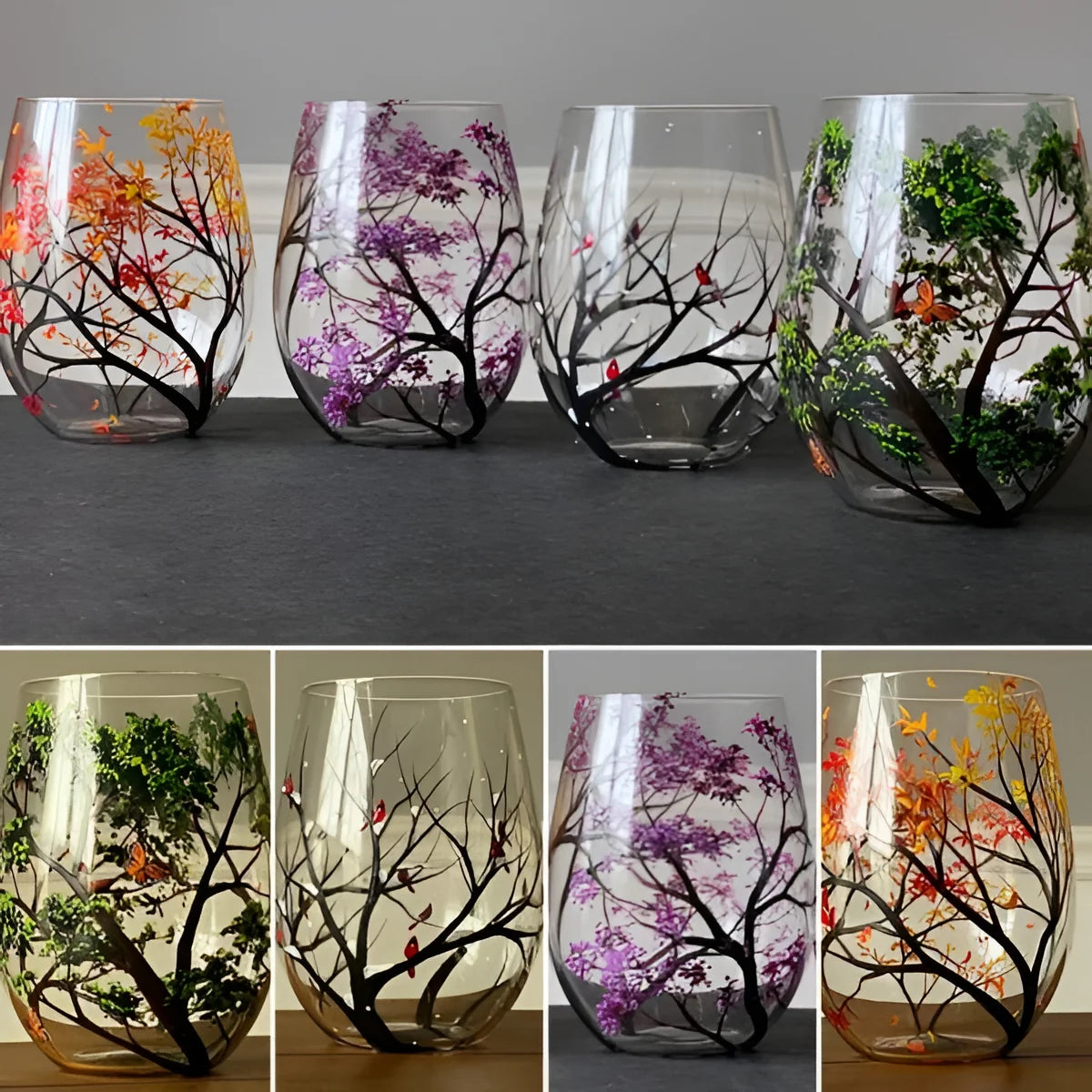 Wine Glass | Hand-Painted Four Seasons Tree & Dishwasher-Safe | 12 oz