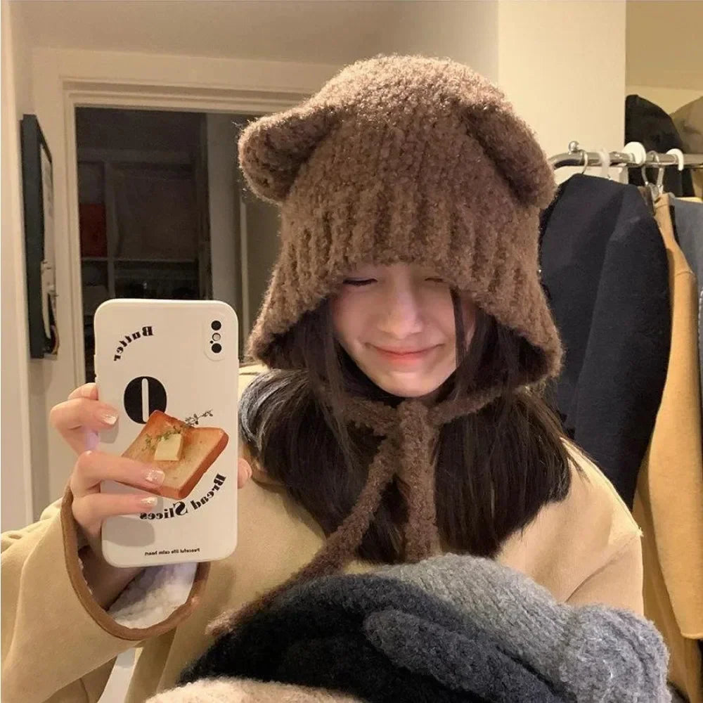 Winter Hat | Bear Ear Hooded Design & Tie Front Closure