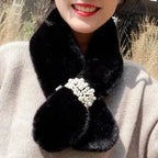 Winter Scarf | Soft Faux Wool & Pearl Accent | Cross-Wrap Design