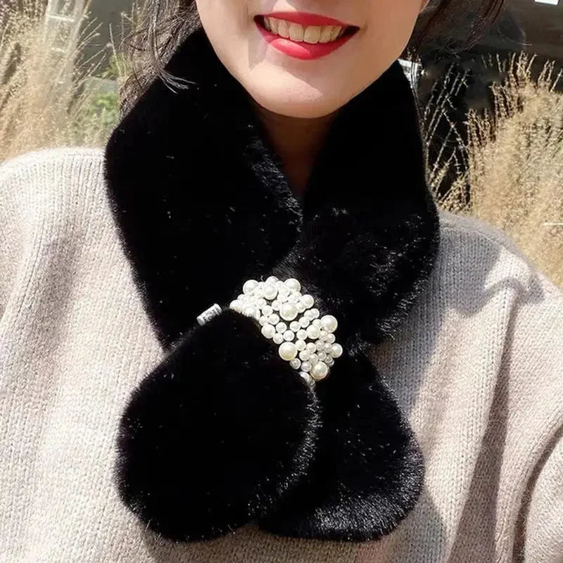 Winter Scarf | Soft Faux Wool & Pearl Accent | Cross-Wrap Design