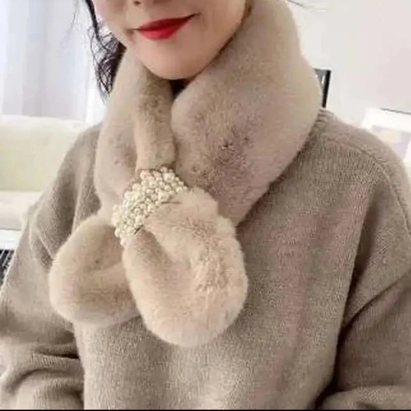 Winter Scarf | Soft Faux Wool & Pearl Accent | Cross-Wrap Design