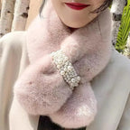 Winter Scarf | Soft Faux Wool & Pearl Accent | Cross-Wrap Design