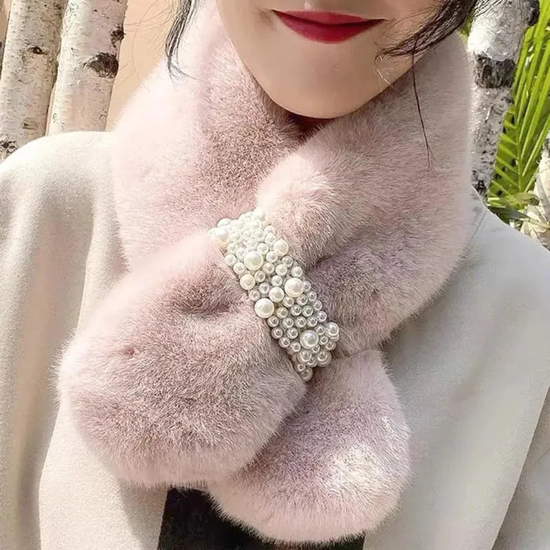 Winter Scarf | Soft Faux Wool & Pearl Accent | Cross-Wrap Design