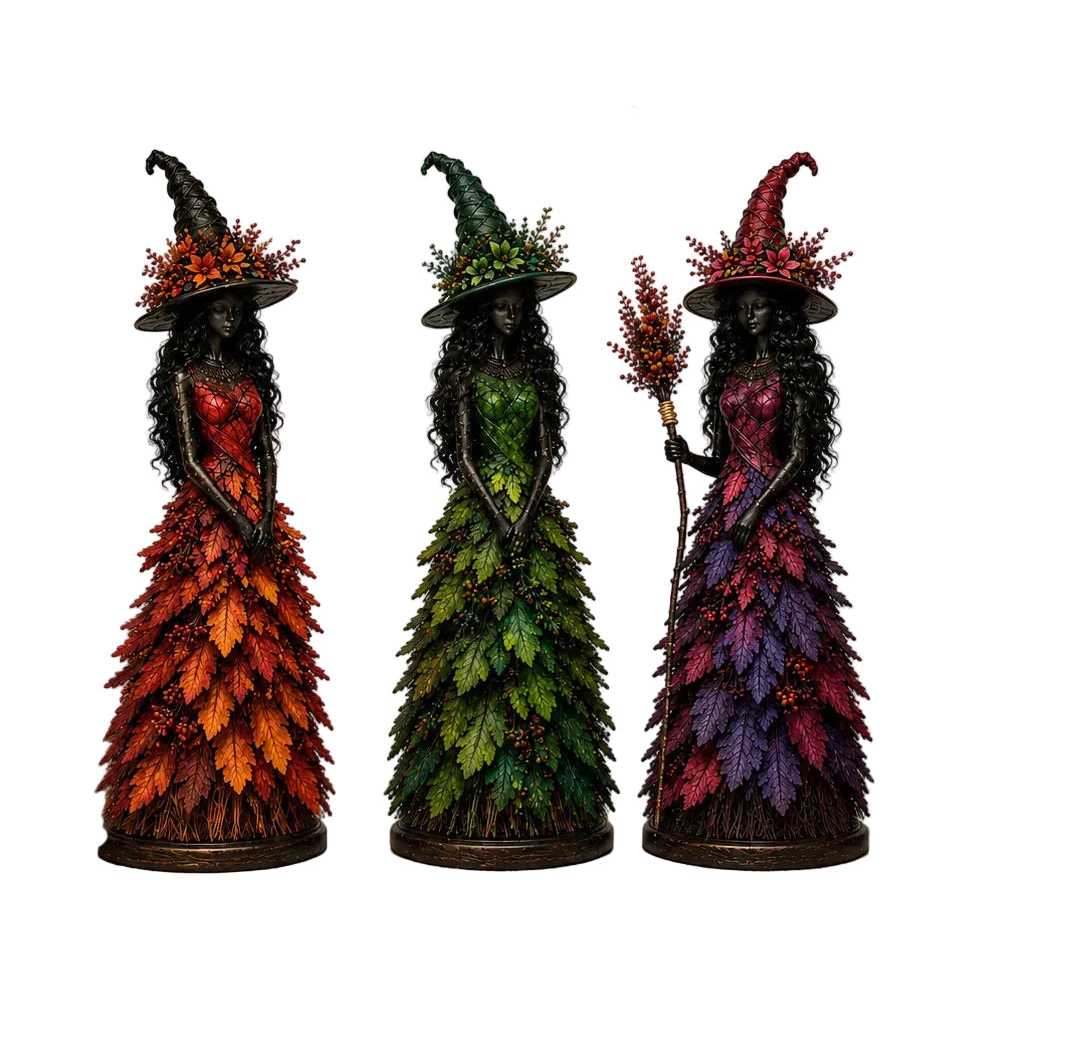 Witch Figurine | Handmade & Hand-Applied Leaf Details | Tabletop Fall Decor