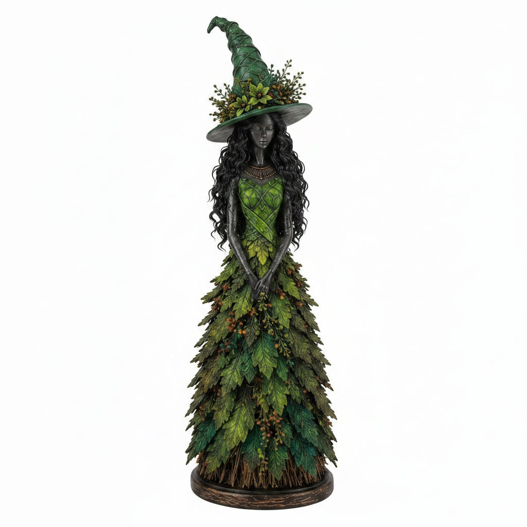 Witch Figurine | Handmade & Hand-Applied Leaf Details | Tabletop Fall Decor