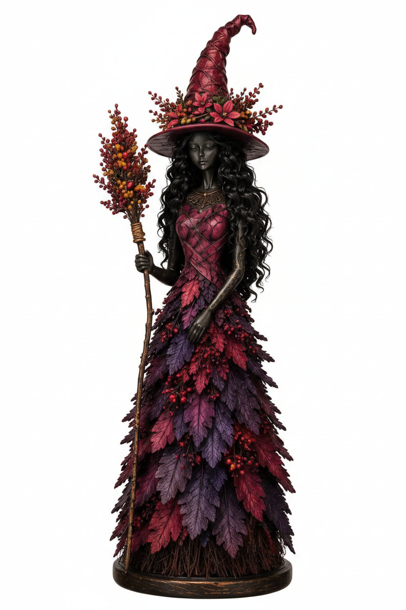 Witch Figurine | Handmade & Hand-Applied Leaf Details | Tabletop Fall Decor