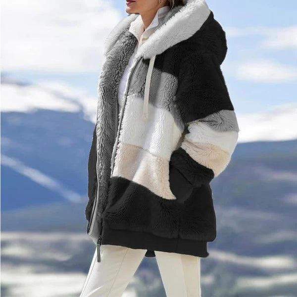 Women's Coat | Multicolor Hooded Cashmere | Zip Closure & Pockets