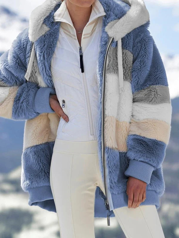 Women's Coat | Multicolor Hooded Cashmere | Zip Closure & Pockets